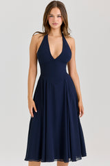 Solada Navy Georgette Halter Midi Dress