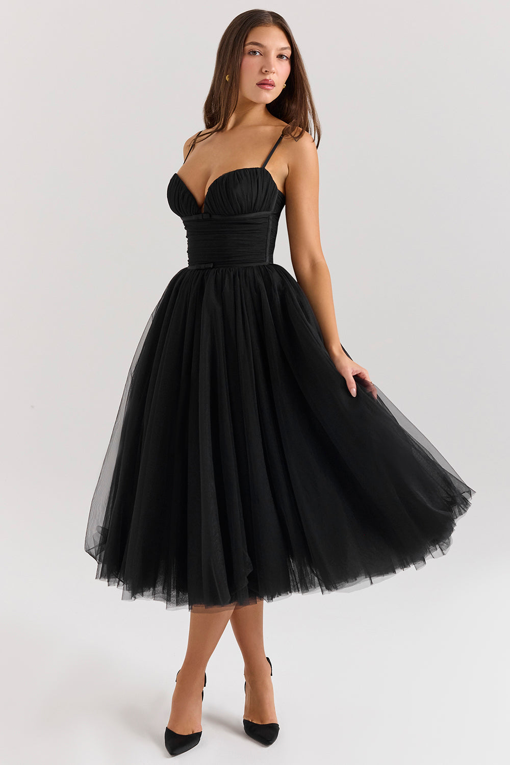 Countess Black Tulle Ruched Bodice Midi Dress - SALE