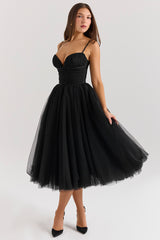 Countess Black Tulle Ruched Bodice Midi Dress - SALE