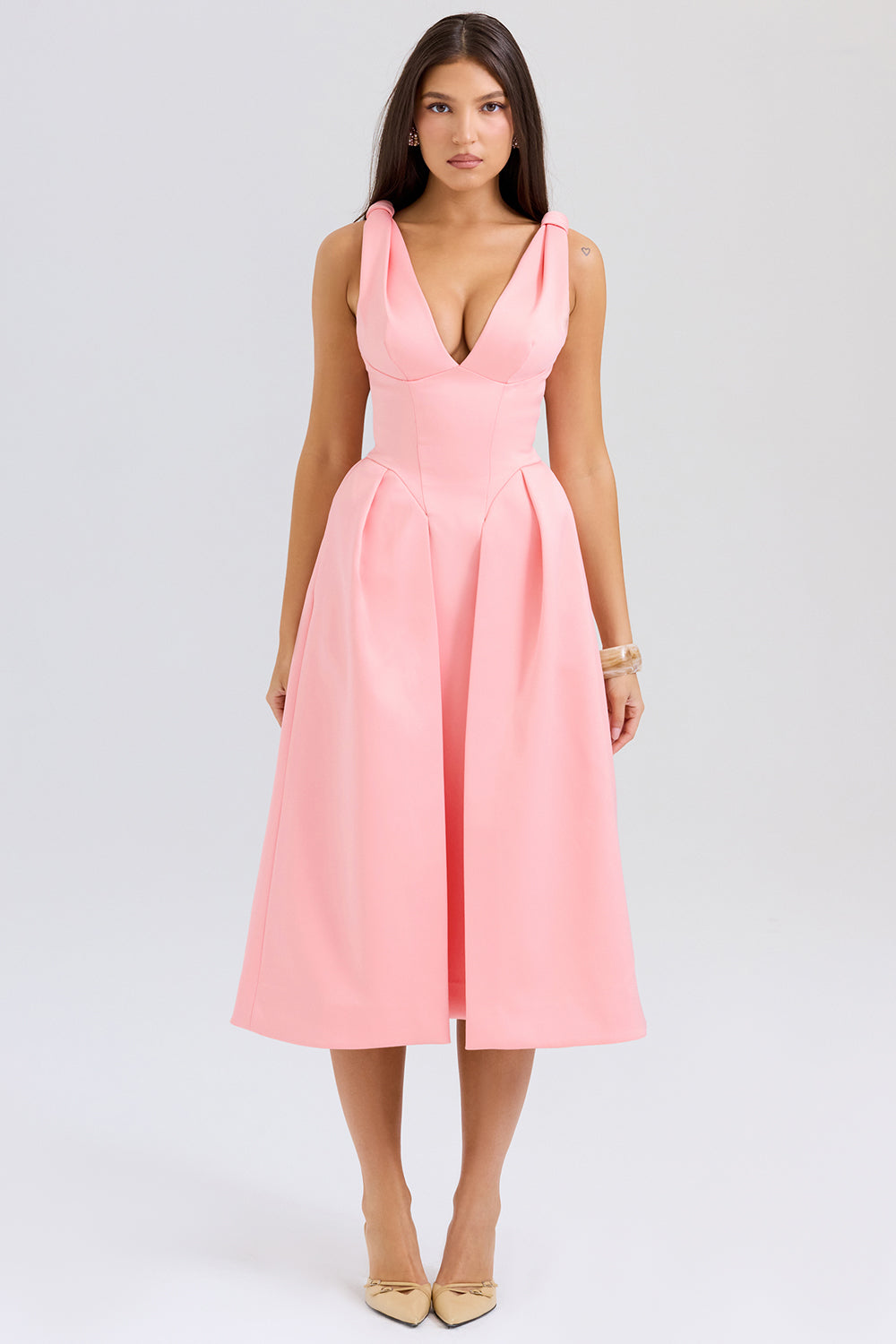 Paloma Peach Satin Pleated Midi Dress - SALE