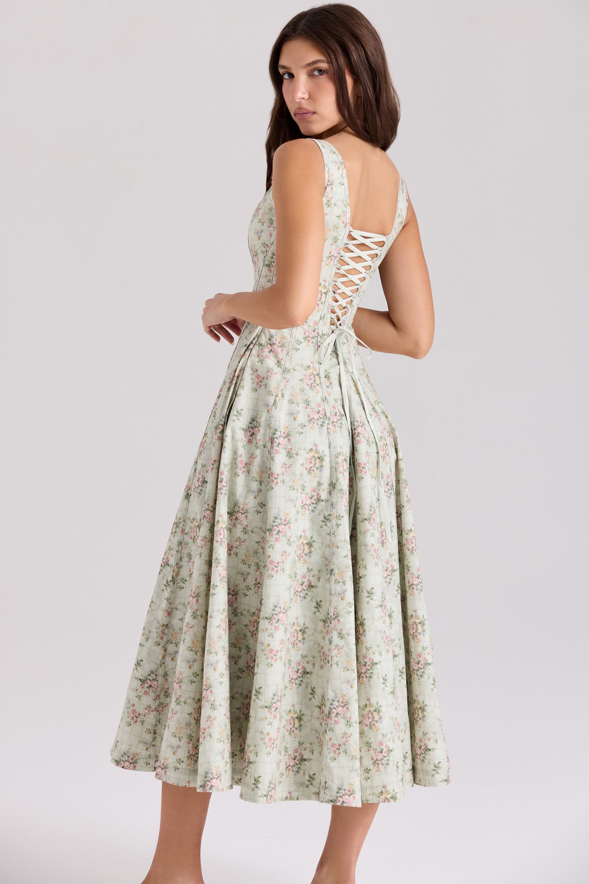 Mariabella Sage Floral Print Cotton Midi Dress