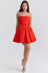 Emmanuela Italian Tomato Strapless Pleated Mini Dress
