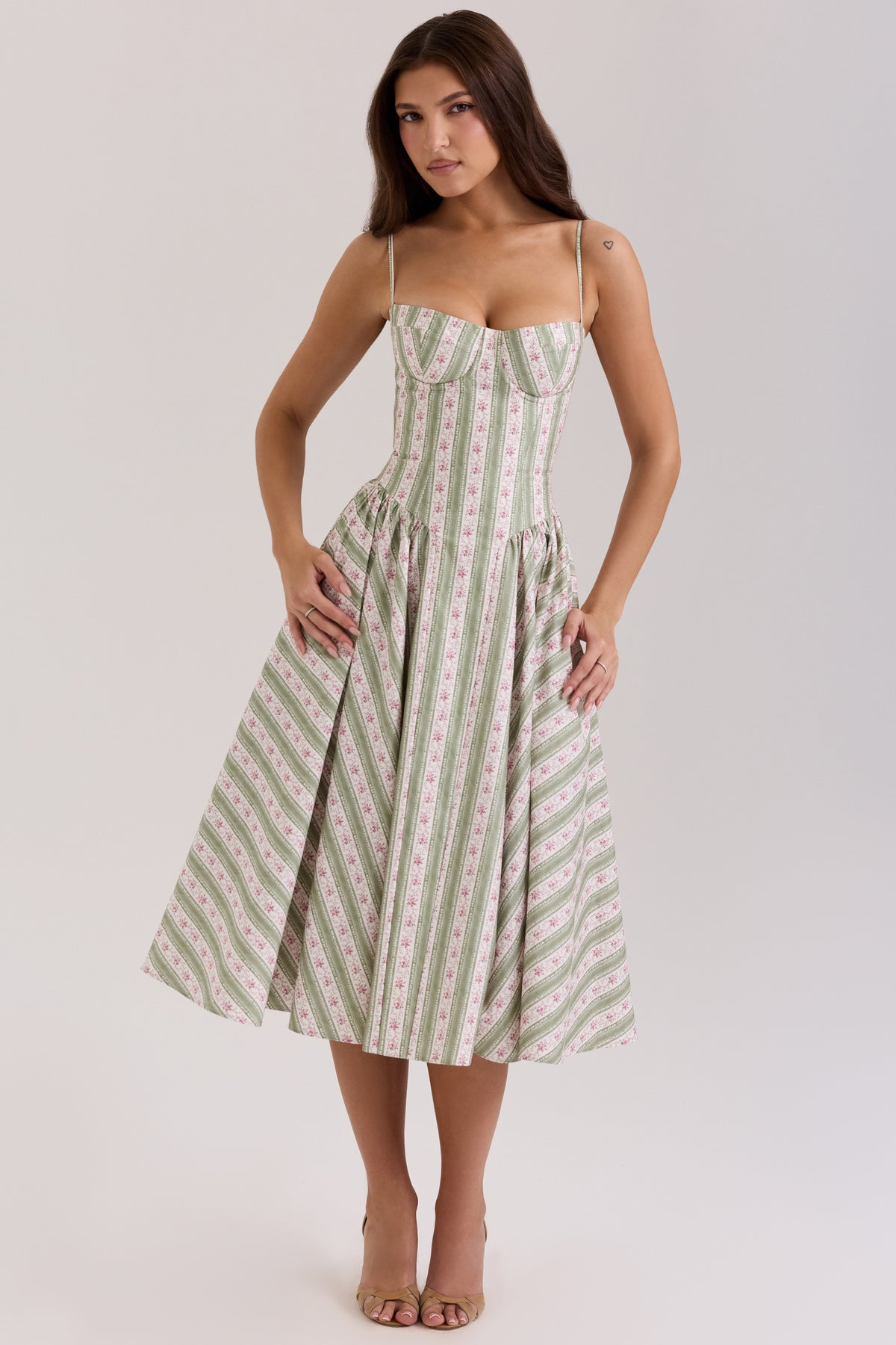 Samaria Sage Striped Floral Print Cotton Midi Dress