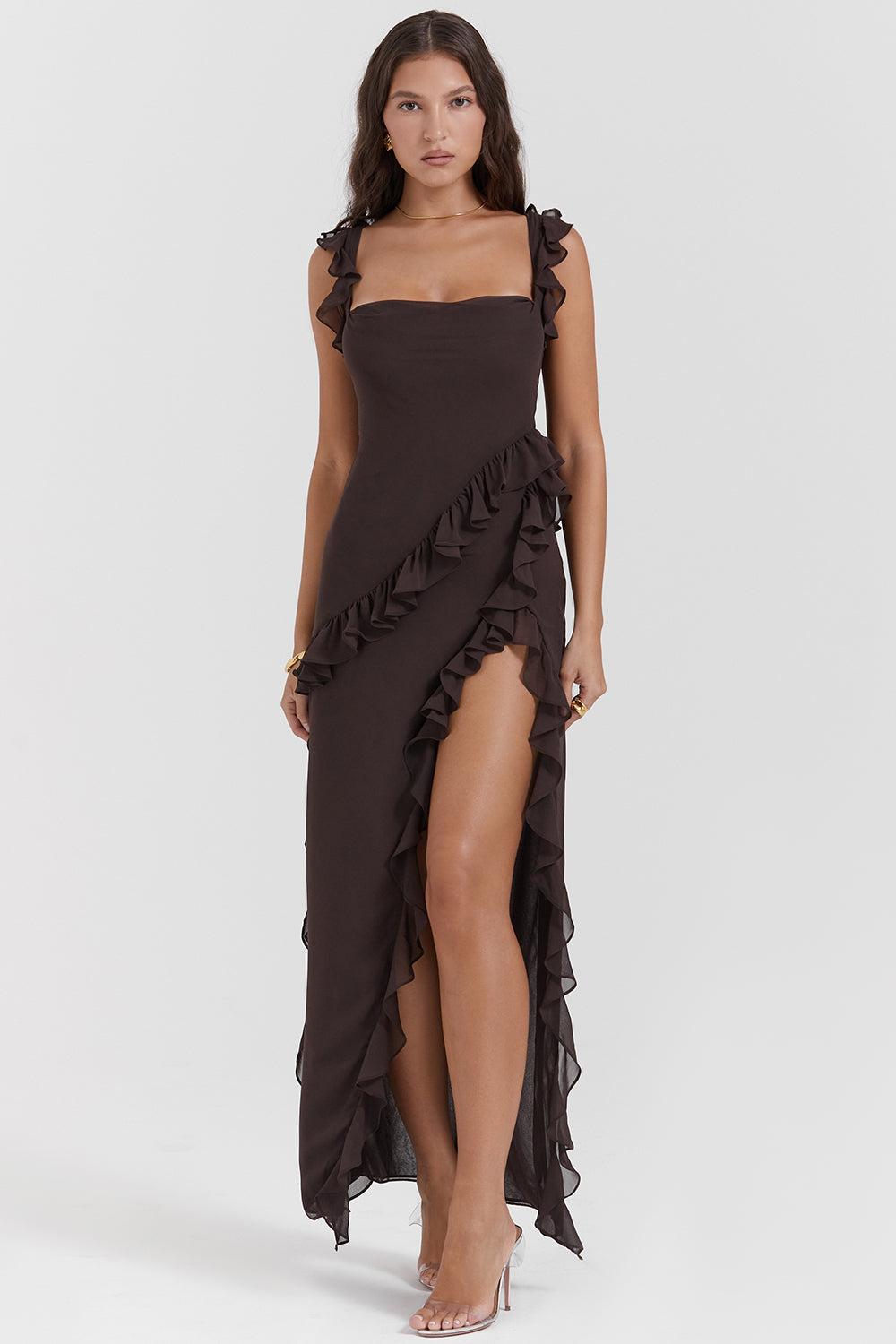 Ariela Espresso Ruffle Maxi Dress