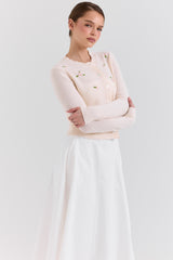 Anjou Cream Lambswool Rose Embroidered Cardigan