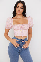 Arianna Pink Floral Puff Sleeve Corset