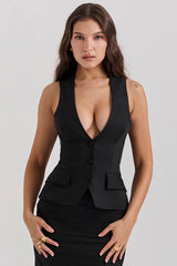 Juliet Black Sleeveless Tuxedo Top