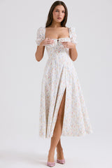 Tallulah White Posy Print Cotton Puff Sleeve Midi Sundress