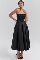 Contessa Black Strapless Satin Corset Midi Dress - SALE