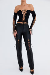 Mistress Rocks Black Vegan Lace Up Trousers - SALE