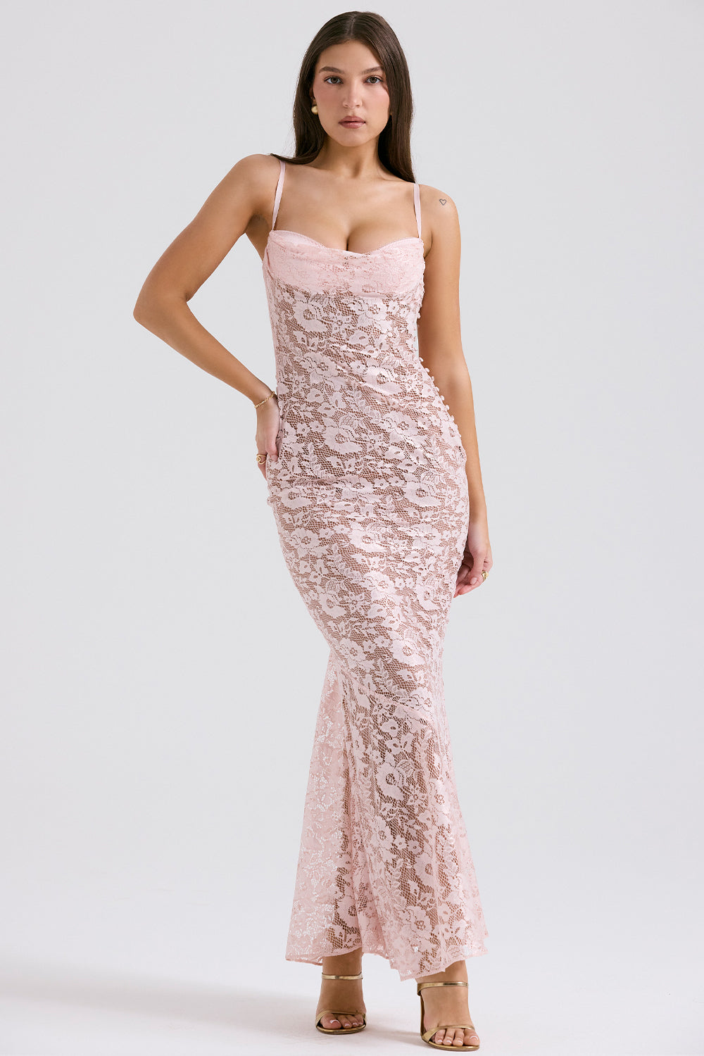 Azzurra Rose Pink Lace Godet Gown