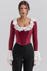 Jacinda Cabernet Velvet Lace Trimmed Corset Top - SALE