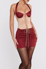Mistress Rocks Dark Cherry & Biscuit Lace Up Corset Mini Dress - SALE