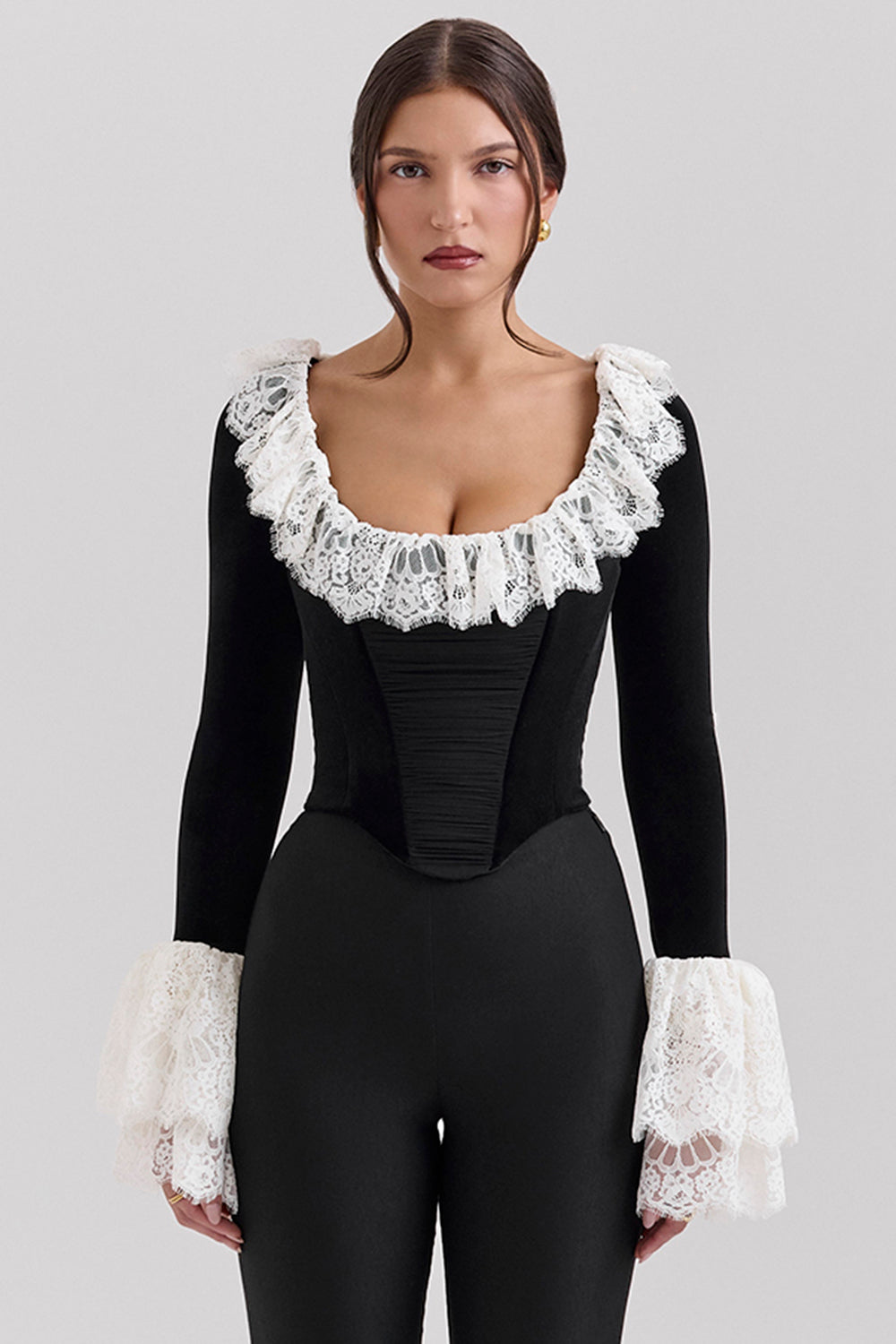 Jacinda Black Velvet Lace Trimmed Corset Top - SALE