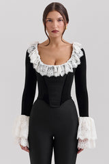 Jacinda Black Velvet Lace Trimmed Corset Top - SALE
