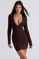 The Super Plunge Chocolate Long Sleeve Bandage Mini Dress