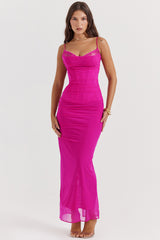 Nalini Fuchsia Stretch Mesh Maxi Dress