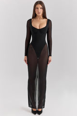 Everly Black Mesh Maxi Dress with Bodysuit
