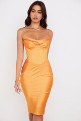 Myrna Tangerine Satin Corset Midi Dress