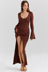 Khrysta Chocolate Brown Draped Maxi Dress
