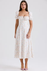 Tallulah White Posy Print Cotton Puff Sleeve Midi Sundress