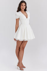 Imani White Pleated Cotton Mini Dress