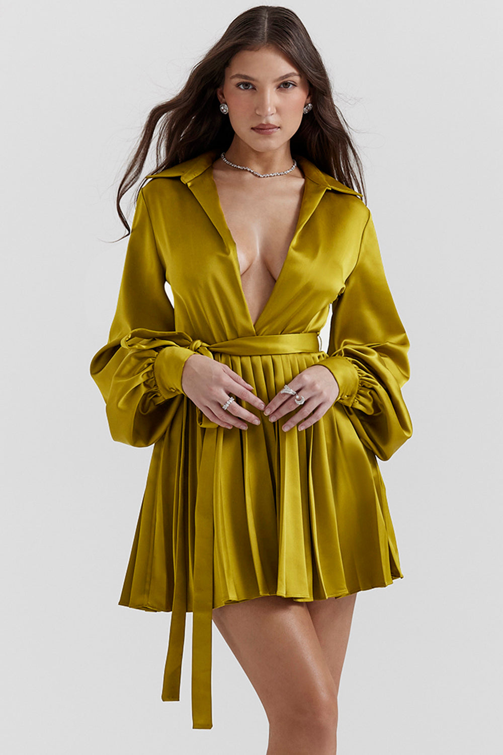 Allegra Chartreuse Pleated Shirt Dress
