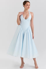 Marilyn Soft Blue Cotton Twill Halter Midi Sundress
