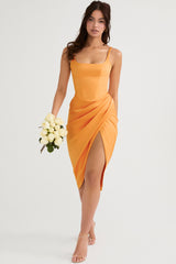 Bianca Tangerine Satin Pleated Corset Midi Dress