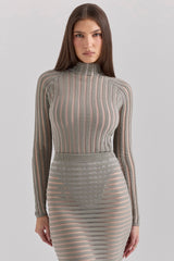 Rowena Grey Velour Sheer Striped Bodysuit
