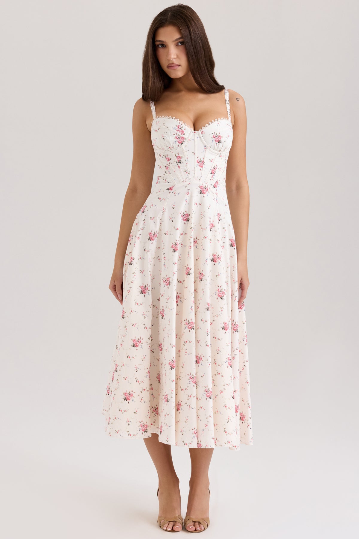 Steffani White Stretch Cotton Rose Print Midi Sundress