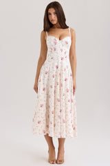 Steffani White Stretch Cotton Rose Print Midi Sundress