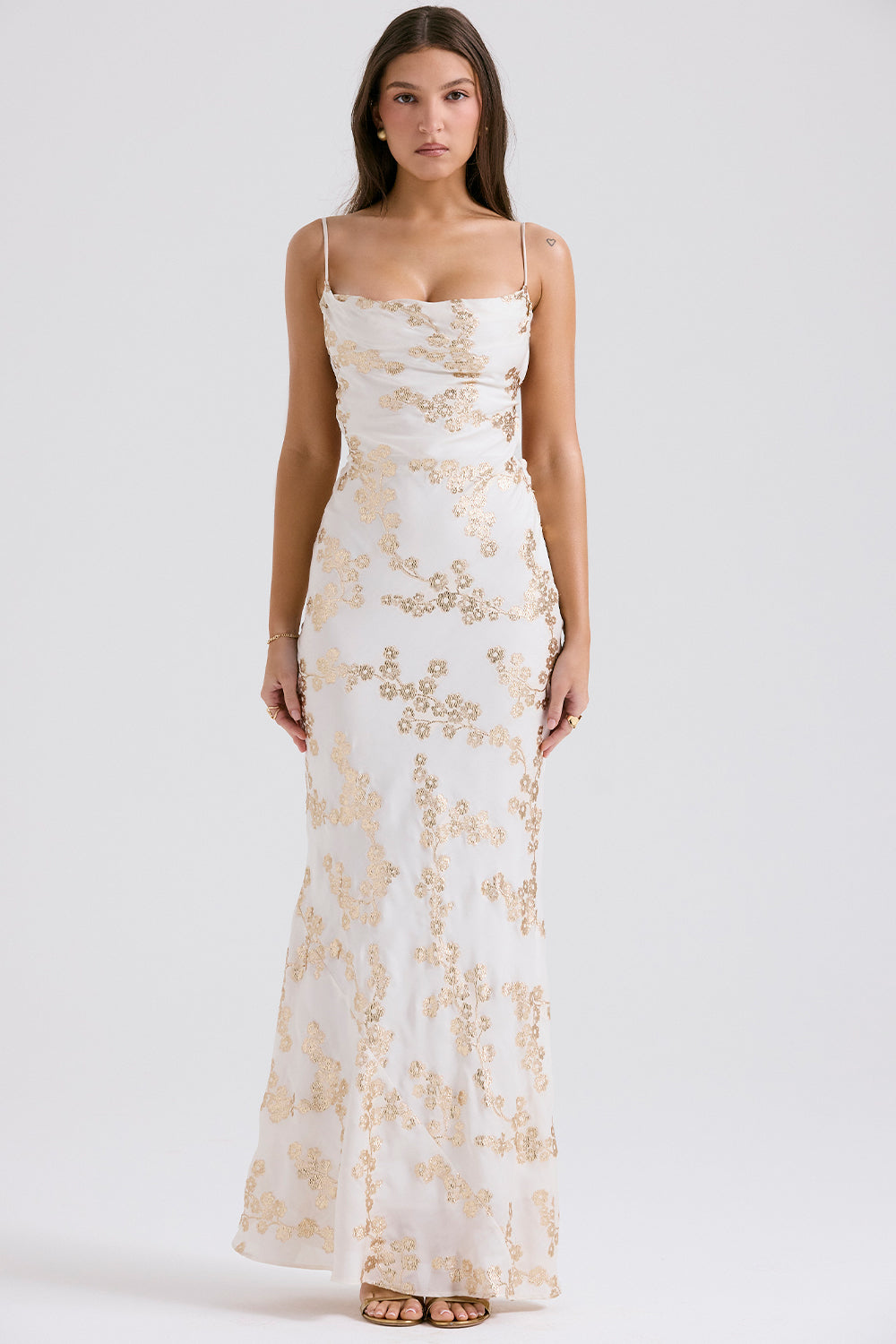 Capriana White & Gold Jacquard Satin Gown