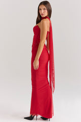 Cassidy Holly Red Mesh Maxi Skirt with Fluted Hem
