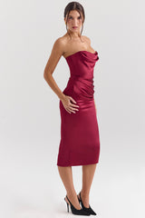 Santana Berry Satin Strapless Midi Dress
