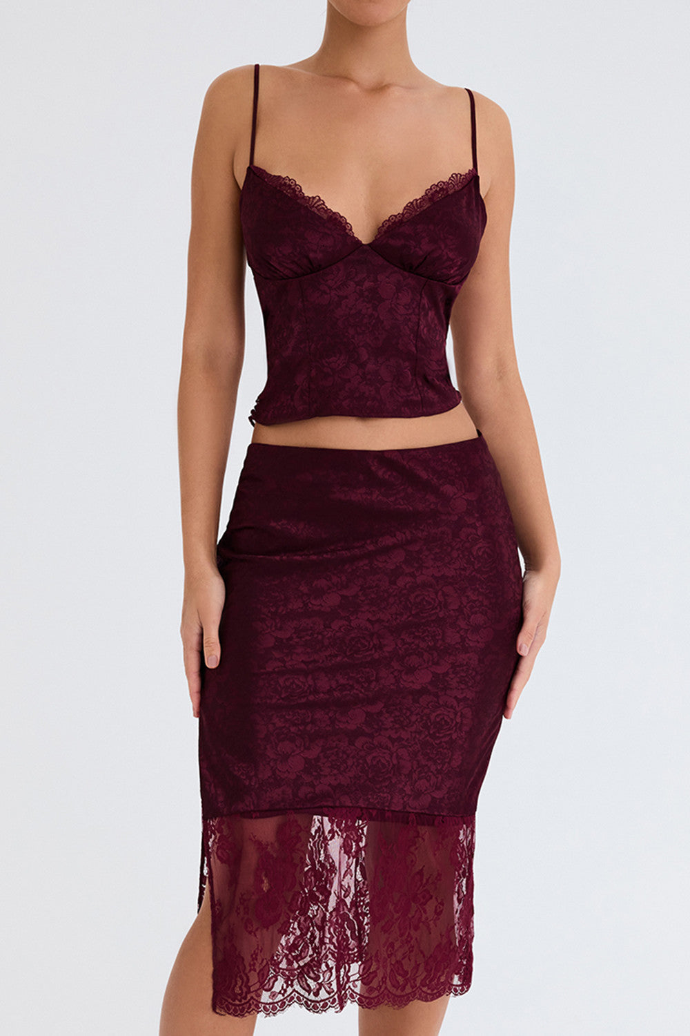 Mistress Rocks Mulberry Satin And Lace Midi Skirt - SALE