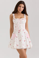 Marianella Cream Rose Print Stretch Cotton Mini Dress