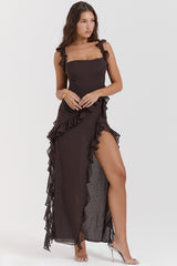 Ariela Espresso Ruffle Maxi Dress
