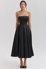 Contessa Black Strapless Satin Corset Midi Dress - SALE