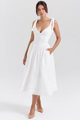 Hattie White Pin Tuck Cotton Midi Sundress