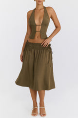 Mistress Rocks Olive Shirred Waist Midi Skirt - SALE