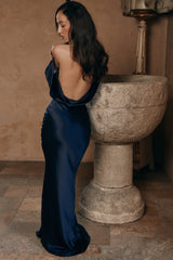 Safaira Navy Satin Draped Cowl Neck Maxi Dress