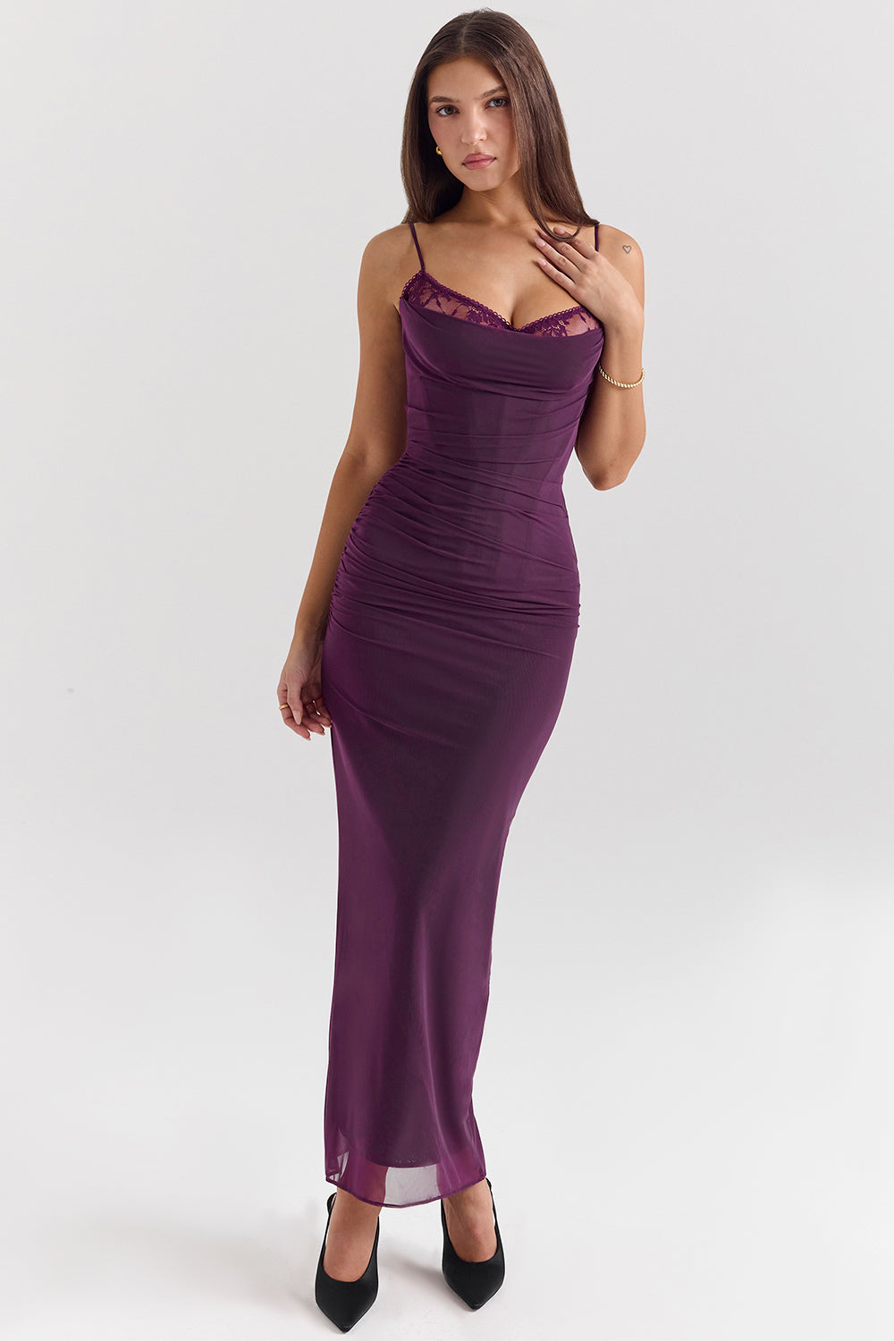 Nalini Grape Mesh Corset Maxi Dress