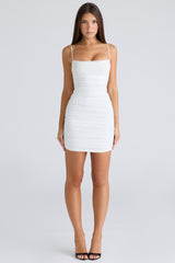 Ella White Gathered Stretch Mesh Mini Dress