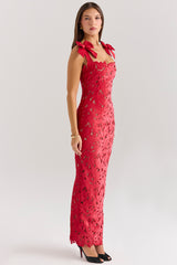 Tiff Holly Red Velvet Lace Maxi Dress