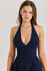 Solada Navy Georgette Halter Midi Dress