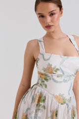 Minerva Soft Blue Vintage Ribbon Print Chiffon Midi Dress