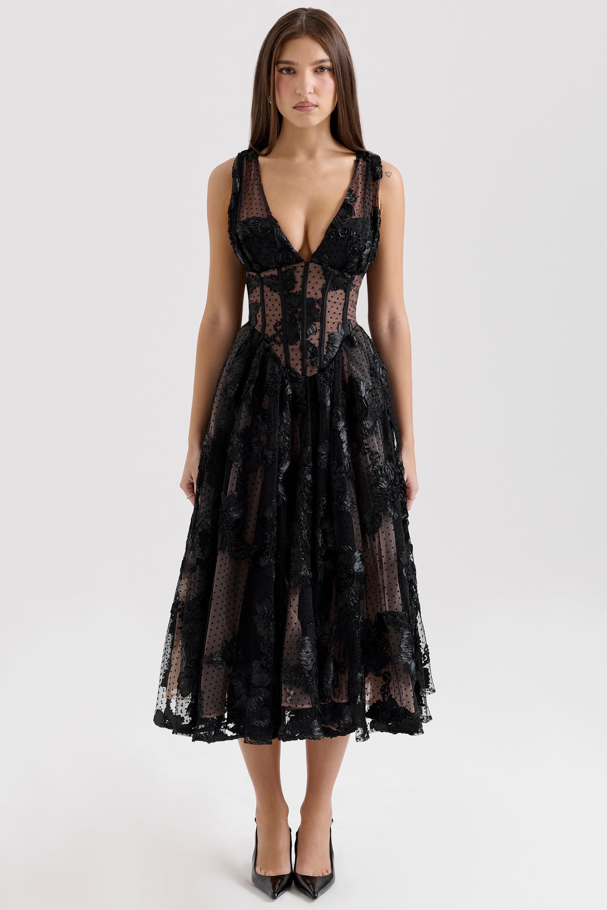 Sianna Black Embroidered Tulle Corset Midi Dress