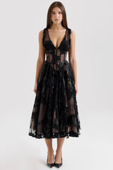 Sianna Black Embroidered Tulle Corset Midi Dress
