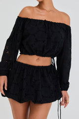 Mistress Rocks Black Broderie Cotton Off Shoulder Top - SALE